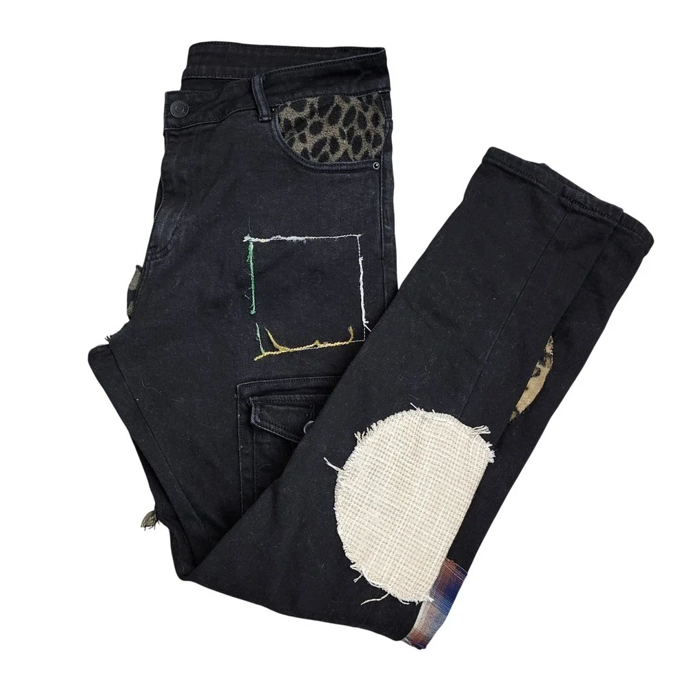 Embellish Trey Black Cargo Patchwork Jeans Leopard Plaid‎ Size 36 Streetwear